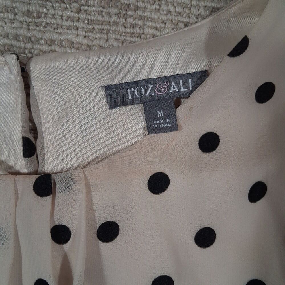 Roz & Ali Polka Dot Blouse Cream Black Tie Sleeve Bow Cuff Round Neck Top SZ M - Picture 3 of 10